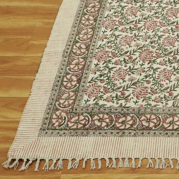 Handmade Block Printed Cotton Rug: Green Floral Kilim, Flatweave