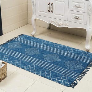 Handmade Blue Cotton Area Rug Block Printed Bohemian Carpet Hallway Large Dhurrie Stair Runner Rug Indoor Outdoor Rug 6x8 8x10 3x20 10x10 Ft