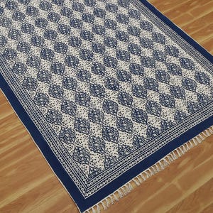 Handmade Indian Blue Beige Rug Block Printed Area Rug Hallway Runner Rug Living Room Dhurrie Bedroom Carpet Yoga Mat 5x8 8x8 3x20 feet