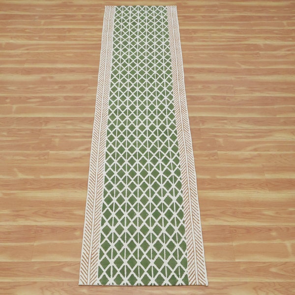 Tapis kilim en coton vert beige lavable à la main imprimé tapis d'escalier extérieur patio Dhurrie décoration intérieure cadeau de Noël