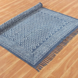 Indian cotton dhurrie Dabu block print rug Indigo Blue Rug Large farmhouse rug Living room rug Square rug Hand washable rug 8x10 7x7 2x20 Ft