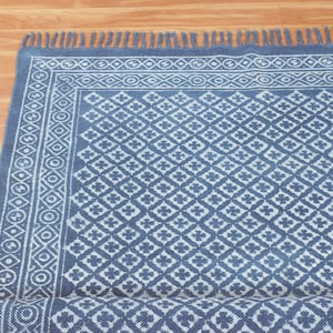 Blue dabu print cotton area carpet Washable large boho rug Handmade hallway stair runner kilim Customized fathers day gift 4x6 8x10 9x12 ft