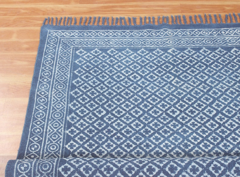 Blue dabu print cotton area carpet Washable large boho rug Handmade hallway stair runner kilim Customized fathers day gift 4x6 8x10 9x12 ft