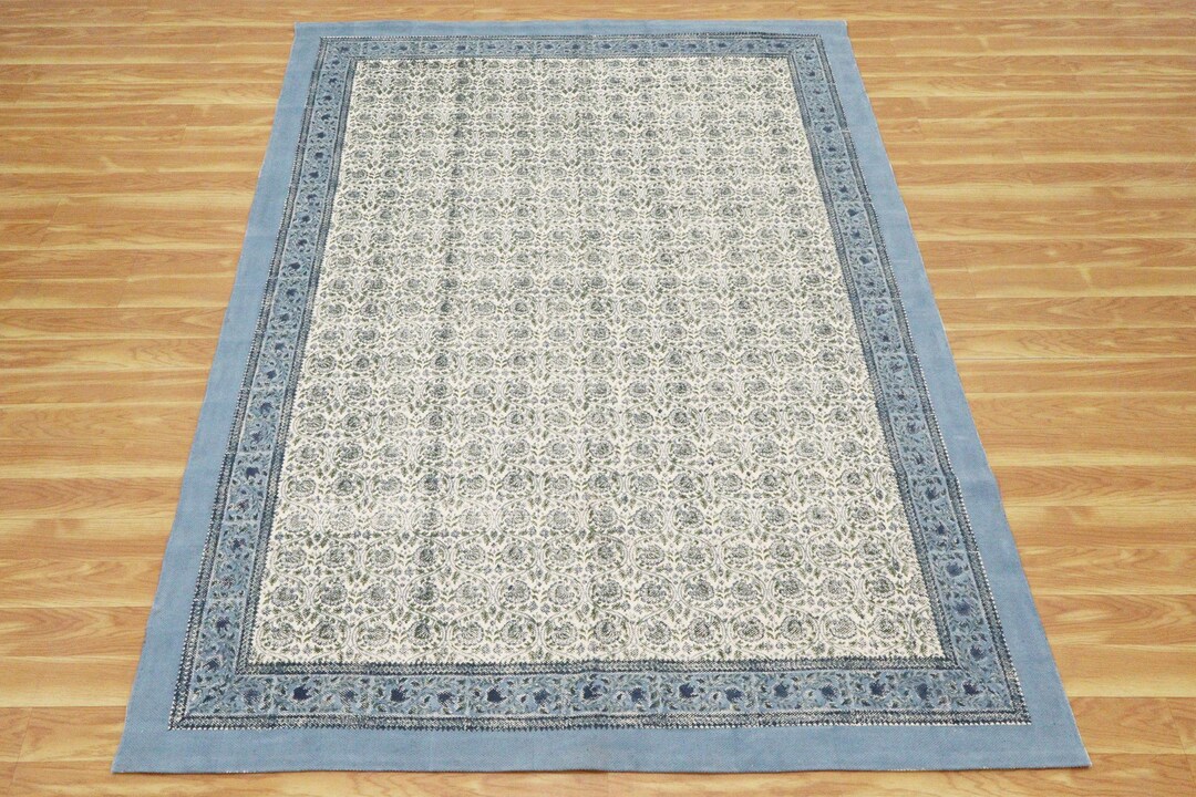 Floral Block Print Cotton Area Rug, Blue Border, Custom Size - Etsy
