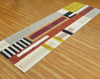 Puede incluir: Una alfombra larga y rectangular con un patrón geométrico en negro, blanco, rojo, amarillo y morado. La alfombra tiene una franja blanca a lo largo de un borde.