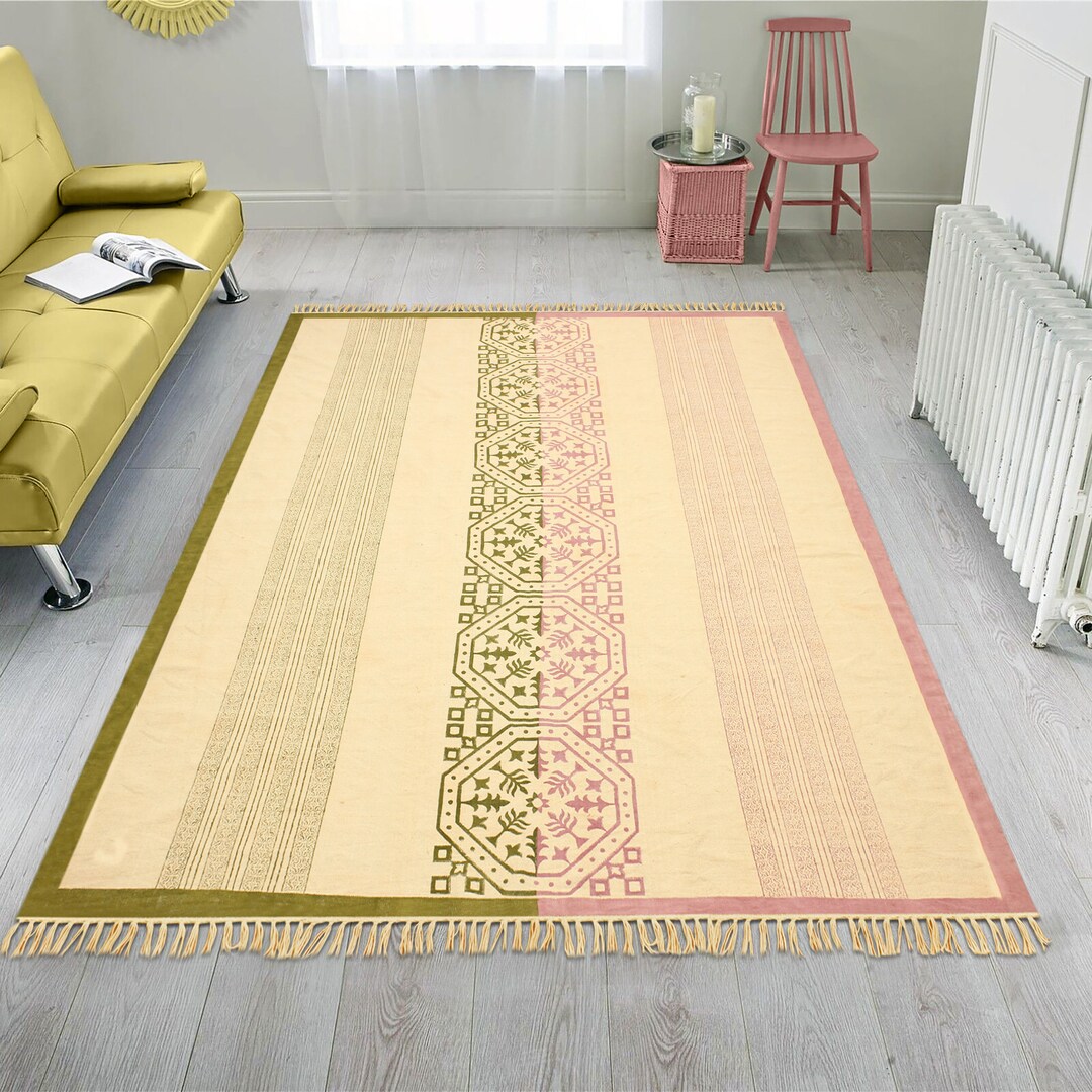 9x12 Feet Green Pink Rug Block Printed Rug Custom Cotton Area Rug Extra