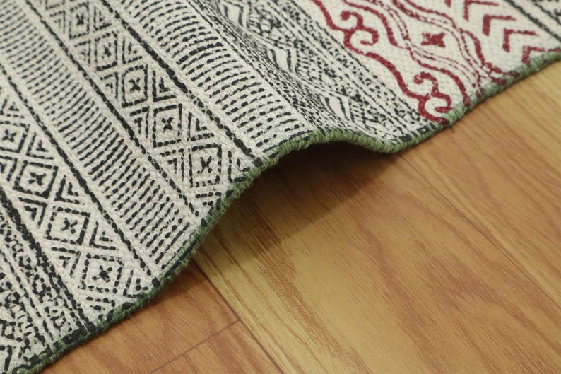 Black Stair Runner Kilim Hand Washable Cotton Rug Block Printed Hallway