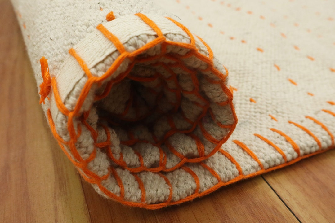 Orange/ Beige Kantha Rug Handmade Cotton Rug Square Area Rug Natural ...