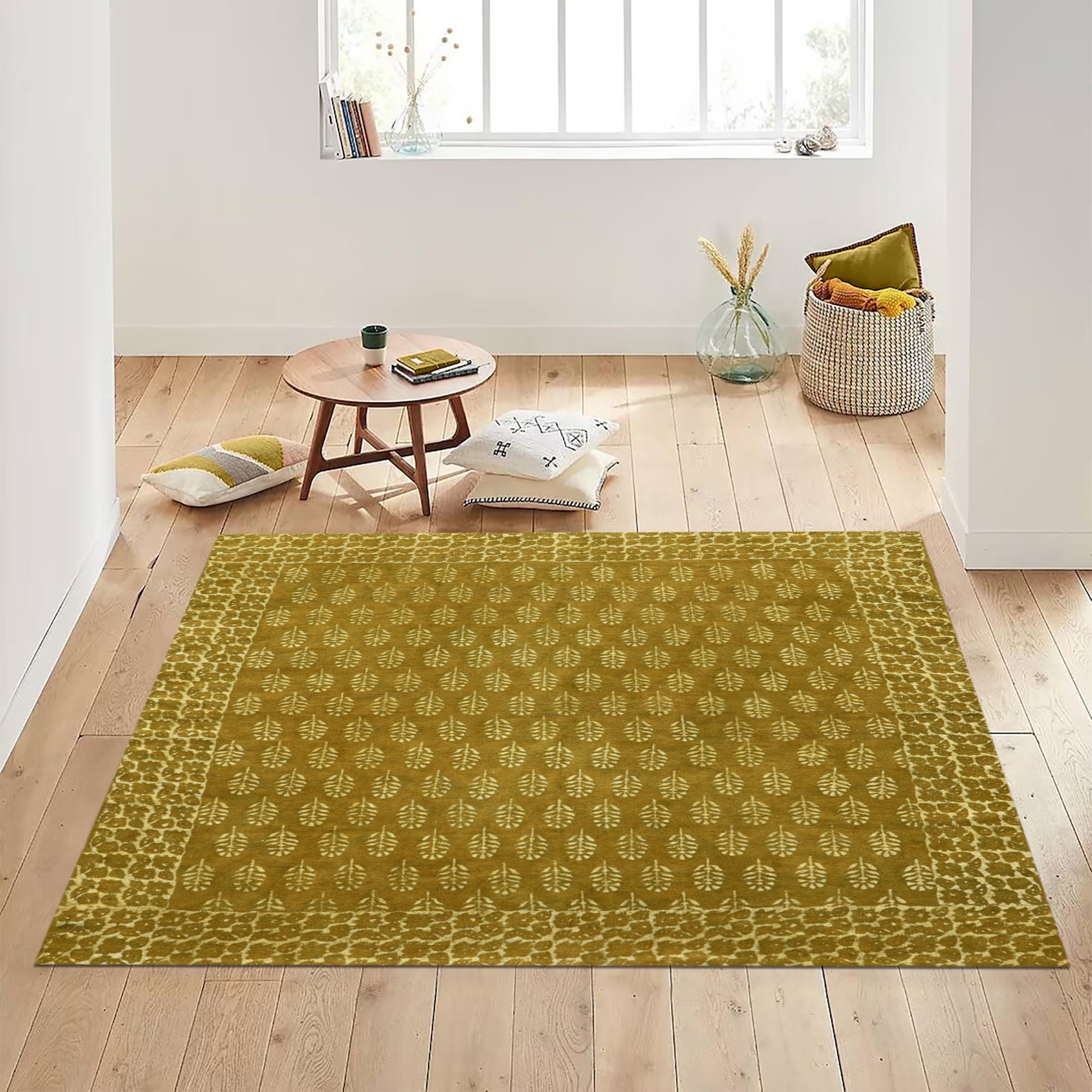 Dabu Rug Green Cotton Hand Woven Rug, Dabu Print Square Dhurrie - Etsy