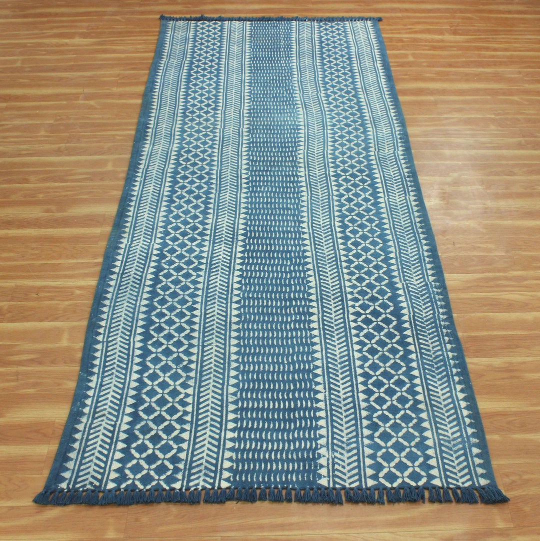 Dabu Rug Indigo Blue Cotton Runner Rug, Hand Block Printed Dabu Design - Etsy