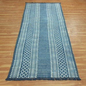 Indian Cotton Runner Rug Dabu Printing Area Rug Indigo Blue Rug Outdoor Yoga Mat Outdoor Garden Mat 4x10 2.6x4 4x12 Feet