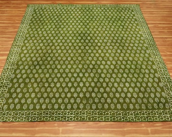 Hand Woven Block Printed Rug Green Cotton Area Rug Kitchen Dining Room Dabu Print Carpet Custom Rug for Christmas Gift 5x8 6x6 8x10 3x20 Ft