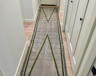 Handmade Green Cotton Runner Rug, Block Print Kilim