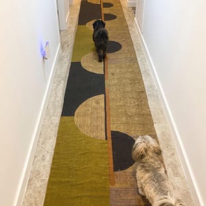 Tappeto Passatoia Kilim in Cotone Stampato a Mano con Blocchi, Verde Oliva Nero Design Geometrico (3x10, 5x10, 4x15 Ft)