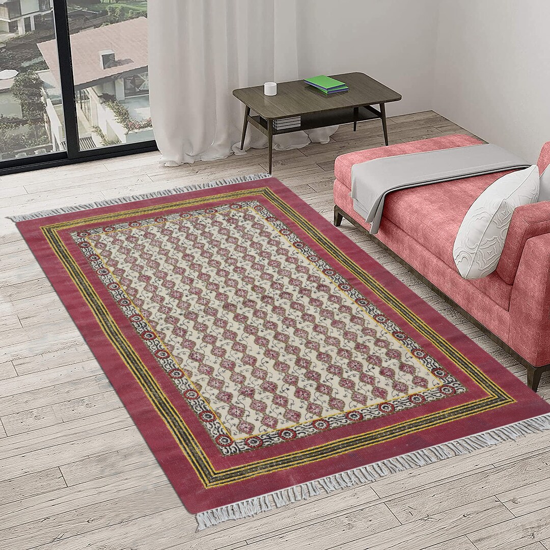 Handmade Embroidery Cotton Rug Block Print Living Room Dhurrie Outdoor ...