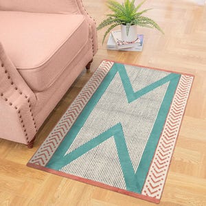 Teal Green Handwoven Dhurrie Rug, Hand Block Print Cotton Kilim