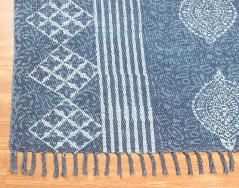Handmade Blue Cotton Dhurrie Rug: Block Printed Bohemian Style - Etsy