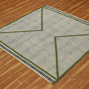 Handmade green cotton durries Hand woven floor kilim Kitchen dining kids room home decor carpet Square area rug 4x4 5x5 6x6 Feet