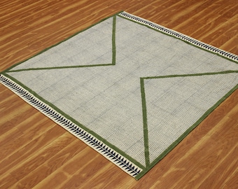 Handmade green cotton durries Hand woven floor kilim Kitchen dining kids room home decor carpet Square area rug 4x4 5x5 6x6 Feet