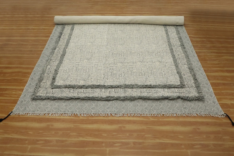 Extra Large Beige Geometric Cotton Area Rug Hand Block Print Rug Floor