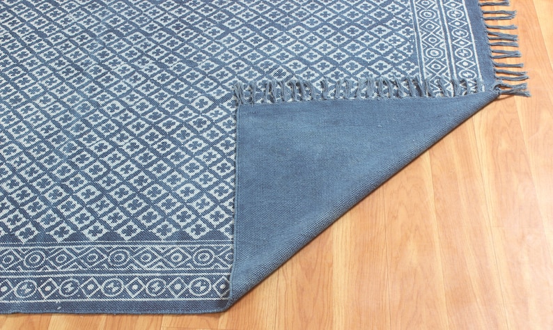 Blue dabu print cotton area carpet Washable large boho rug Handmade hallway stair runner kilim Customized fathers day gift 4x6 8x10 9x12 ft
