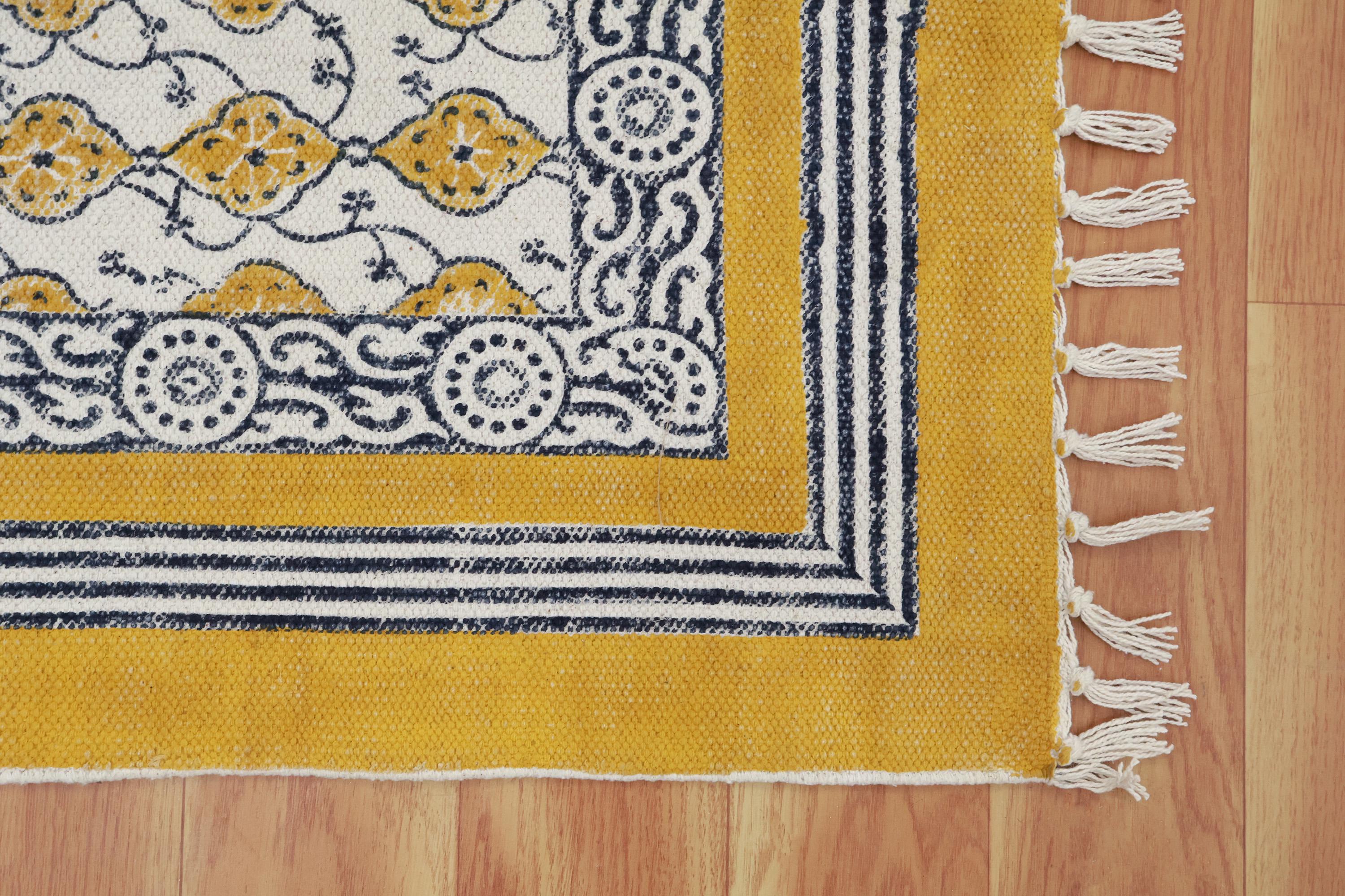 Hand Block Print Cotton Rug - Mustard Yellow Floral Area - Bohemian Rug ...