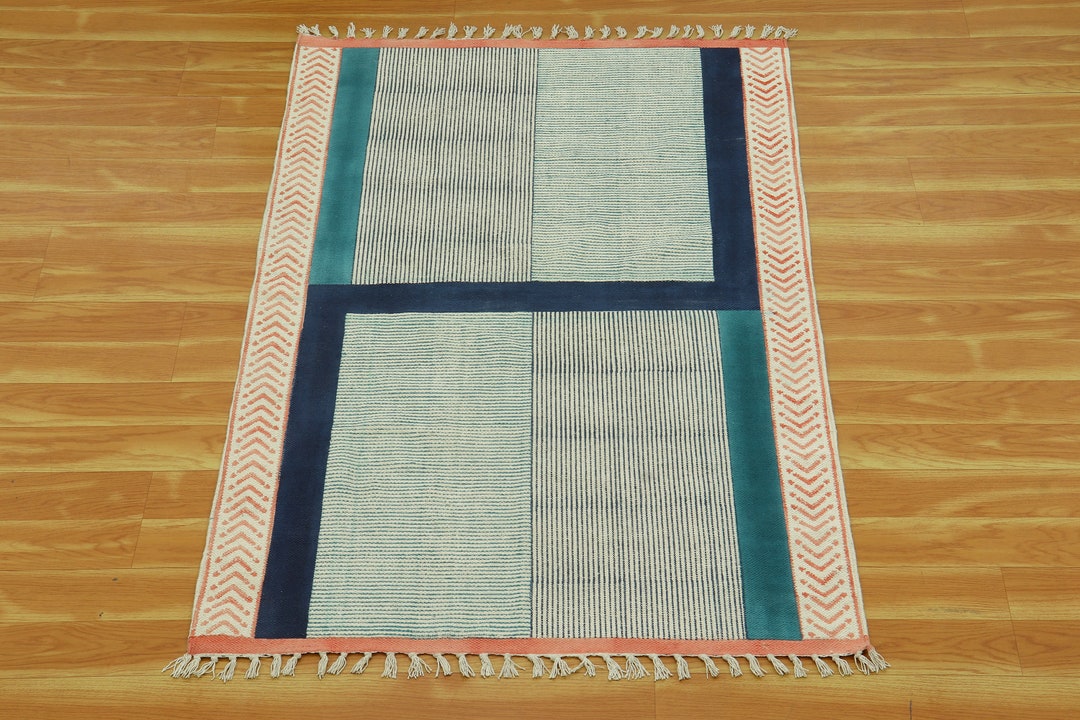 Handmade Blue Geometric Cotton Rug, Block Print Kilim - Etsy