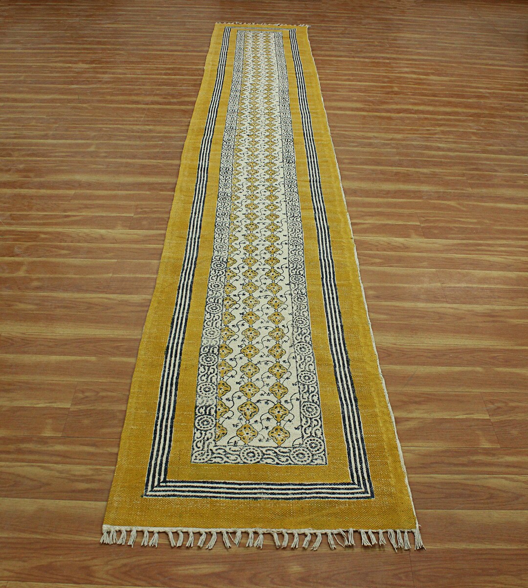 Hand Block Print Carpet Cotton Bohemian Rug Yellow Area Rug Runner Rug