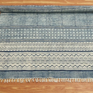 Blue beige natural cotton rug Hand block print rug Carpet for Living room, Bedroom, Kitchen 4x5 2.6x6 5x6 feet