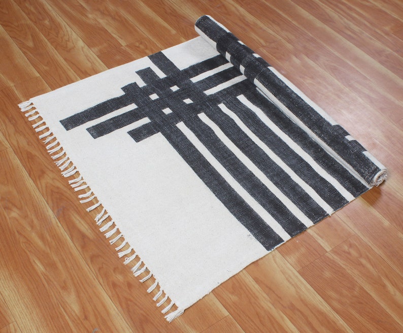 Black Stair Runner Rug Block Printed Rug Large Cotton Rug Living Room