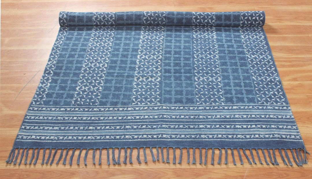 Dabu Rug Indigo Blue Cotton Rug: Dabu Block Printed Kilim, Washable Runner ...
