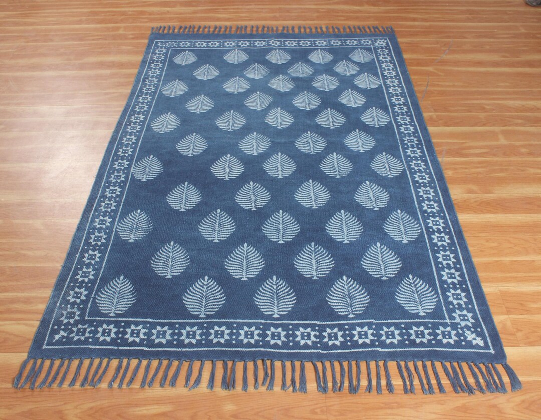 Dabu Rug Handmade Cotton Rug Indian Dabu Printed Rug Blue Hallway Stair Runner ...
