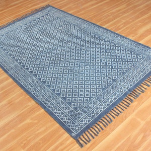 Blue dabu print cotton area carpet Washable large boho rug Handmade hallway stair runner kilim Customized fathers day gift 4x6 8x10 9x12 ft
