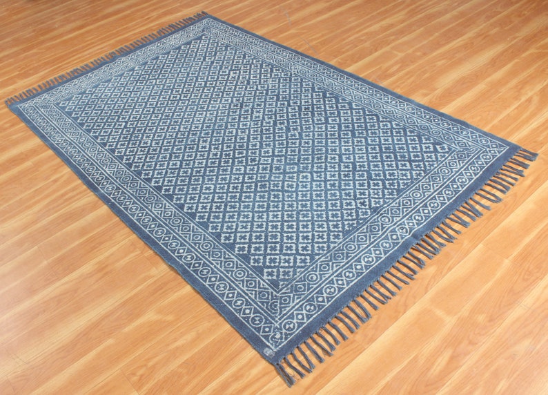 Blue dabu print cotton area carpet Washable large boho rug Handmade hallway stair runner kilim Customized fathers day gift 4x6 8x10 9x12 ft
