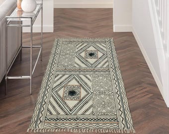 Handwoven Cotton Tribal Rug, Ivory Black Geometric Flatweave, Boho Farmhouse Carpet