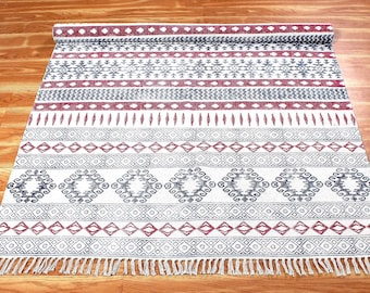 Hand Block Printed Cotton Rug, Red Blue Tribal Area Rug, Boho Rug, Southwestern Rug, Farmhouse Decor, Custom Size Rug