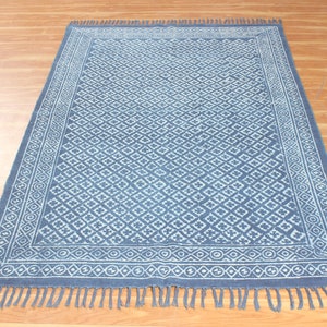 Blue dabu print cotton area carpet Washable large boho rug Handmade hallway stair runner kilim Customized fathers day gift 4x6 8x10 9x12 ft