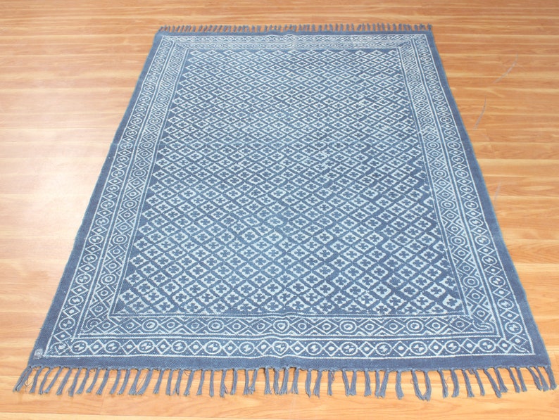 Blue dabu print cotton area carpet Washable large boho rug Handmade hallway stair runner kilim Customized fathers day gift 4x6 8x10 9x12 ft