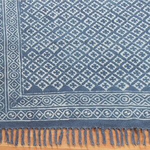Block Printed Cotton Rug, Natural Dye Kilim, Blue Geometric Design image 9