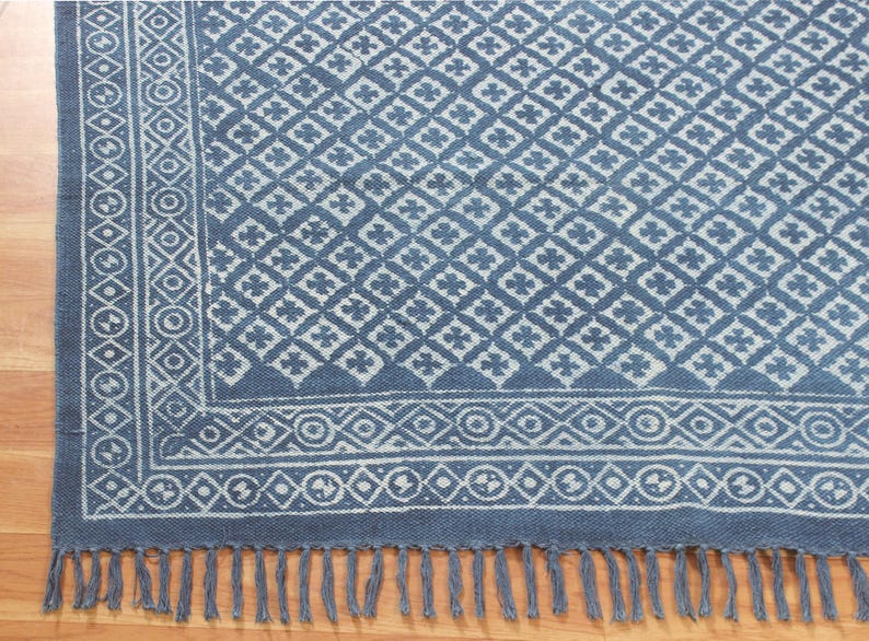 Block Printed Cotton Rug, Natural Dye Kilim, Blue Geometric Design image 9