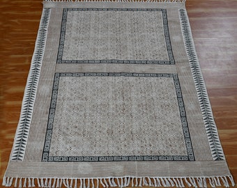 Handwoven cotton rug Brown black area rug Hand block printed rug Outdoor patio rug Garden area Carpet 4x6 6x9 8x10 feet