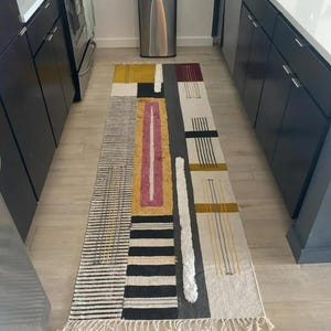 Grey Yellow Handwoven Coton Rug, Hallway Runner, Christmas Gift Rug, Hand Block Printed Cotton Runner Rug 2.6x8 3x20 2.6x24 Feet