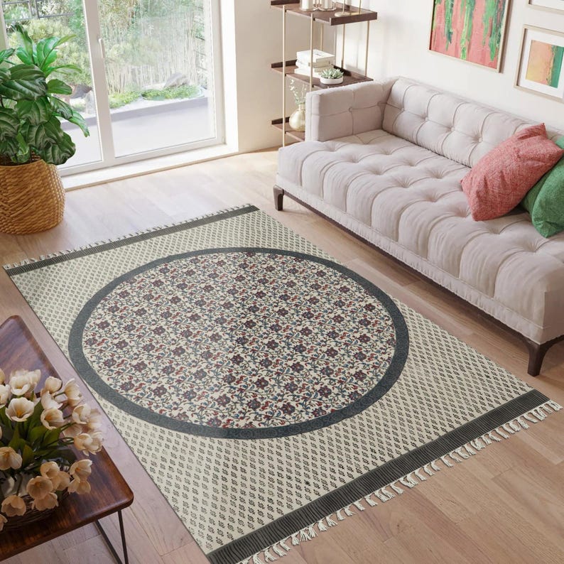 Blue Hallway Runner Kilim Cotton Carpet Dining Room Rug Hand Block