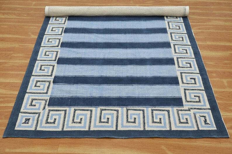 Large Stair Runner Blue Block Printed Rug Hand Washable Rug Living Room