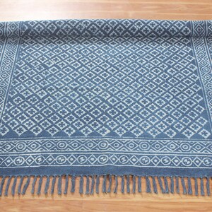 Blue dabu print cotton area carpet Washable large boho rug Handmade hallway stair runner kilim Customized fathers day gift 4x6 8x10 9x12 ft