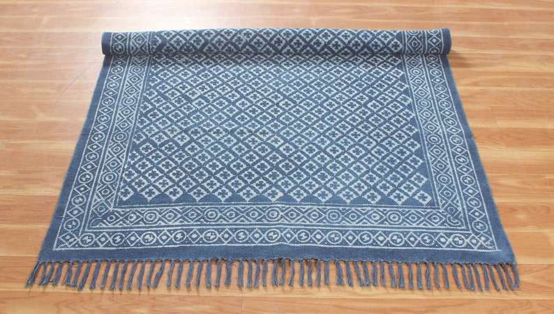Blue dabu print cotton area carpet Washable large boho rug Handmade hallway stair runner kilim Customized fathers day gift 4x6 8x10 9x12 ft