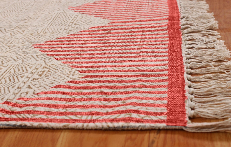 Red Cotton Rug Block Printed Rug Indian Dhurrie Rug Flatweave Rug Hand