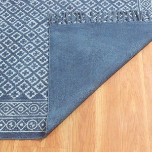 Blue dabu print cotton area carpet Washable large boho rug Handmade hallway stair runner kilim Customized fathers day gift 4x6 8x10 9x12 ft