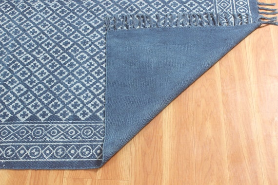 Block Printed Cotton Rug, Natural Dye Kilim, Blue Geometric Design