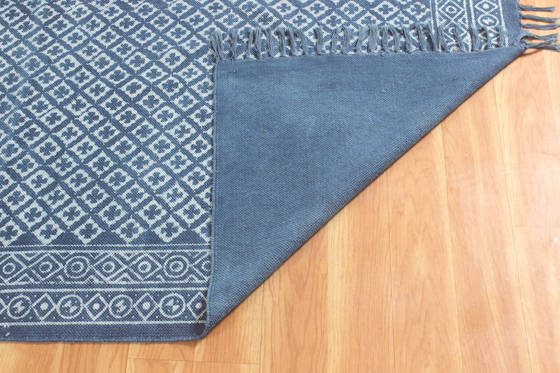 Blue dabu print cotton area carpet Washable large boho rug Handmade hallway stair runner kilim Customized fathers day gift 4x6 8x10 9x12 ft
